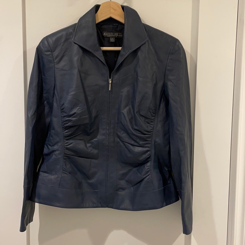 Lafayette 148 Navy Leather Jacket (Size: 8P) NWT
